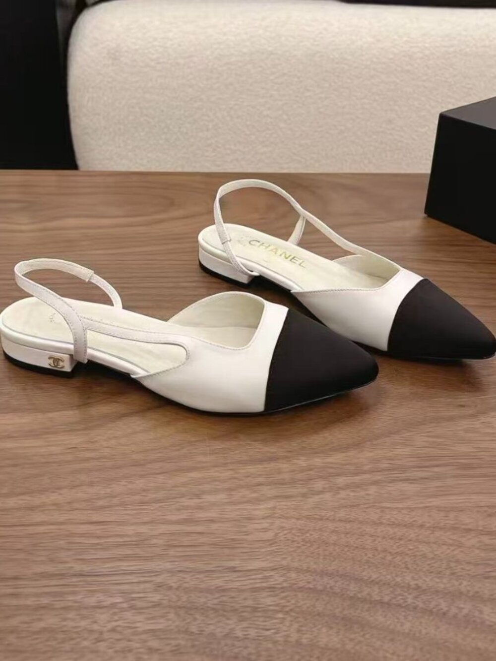 Chanel White Black Cap Toe Slingback Flat Sandals